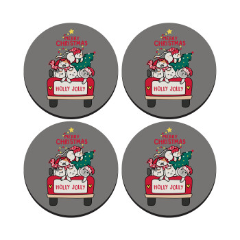 Merry Christmas cats in car, SET of 4 round wooden coasters (9cm)