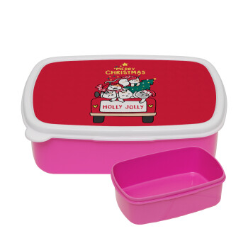 Merry Christmas cats in car, ΡΟΖ παιδικό δοχείο φαγητού (lunchbox) πλαστικό (BPA-FREE) Lunch Βox M18 x Π13 x Υ6cm
