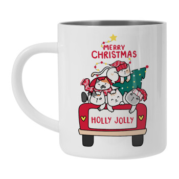 Merry Christmas cats in car, Mug Stainless steel double wall 450ml