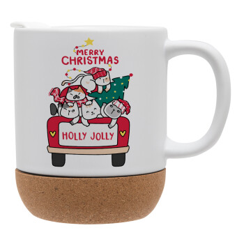 Merry Christmas cats in car, Ceramic coffee mug Cork (MAT), 330ml (1pcs)