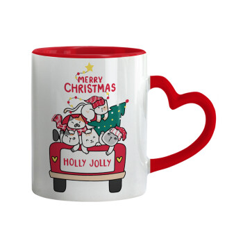 Merry Christmas cats in car, Mug heart red handle, ceramic, 330ml