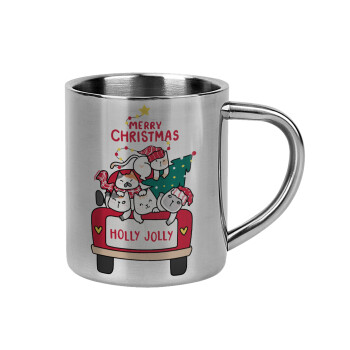 Merry Christmas cats in car, Mug Stainless steel double wall 300ml
