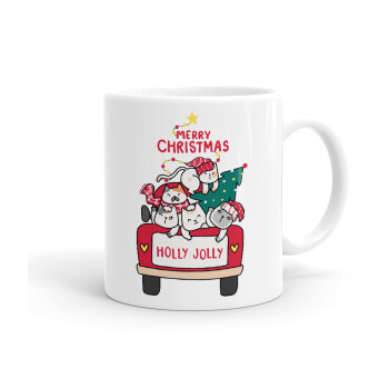 Merry Christmas cats in car, Ceramic coffee mug, 330ml (1pcs)