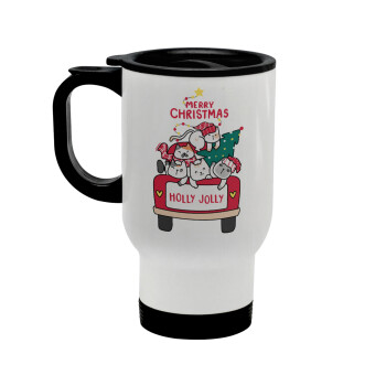 Merry Christmas cats in car, Stainless steel travel mug with lid, double wall white 450ml