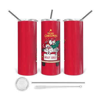 Merry Christmas cats in car, 360 Eco friendly stainless steel tumbler 600ml, with metal straw & cleaning brush