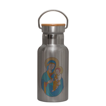 Mary, mother of Jesus, Μεταλλικό παγούρι θερμός (Stainless steel) Ασημένιο με ξύλινο καπακι (bamboo), διπλού τοιχώματος, 350ml