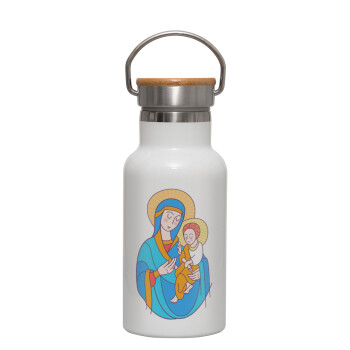 Mary, mother of Jesus, Metallic thermos (Stainless steel) White with wooden lid (bamboo), double-walled, 350ml