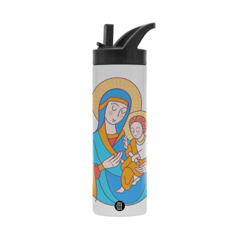 Mary, mother of Jesus, Μεταλλικό παγούρι θερμός με καλαμάκι & χειρολαβή, ανοξείδωτο ατσάλι (Stainless steel 304), διπλού τοιχώματος, 600ml