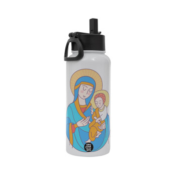 Mary, mother of Jesus, Metal mug thermo White with Straw and Spout Lid (Stainless steel), double wall, 950ml