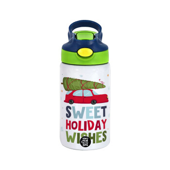 Sweet holiday wishes, Children's hot water bottle, stainless steel, with safety straw, green, blue (350ml)