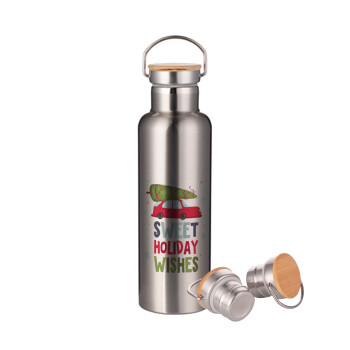 Sweet holiday wishes, Stainless steel Silver with wooden lid (bamboo), double wall, 750ml