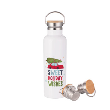 Sweet holiday wishes, Stainless steel White with wooden lid (bamboo), double wall, 750ml