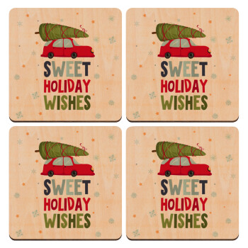 Sweet holiday wishes, ΣΕΤ x4 Σουβέρ ξύλινα τετράγωνα plywood (9cm)