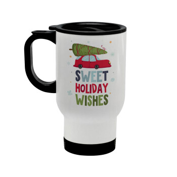 Sweet holiday wishes, Stainless steel travel mug with lid, double wall white 450ml
