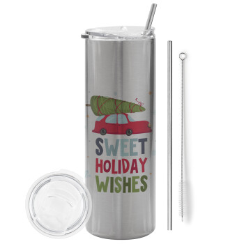 Sweet holiday wishes, Eco friendly stainless steel Silver tumbler 600ml, with metal straw & cleaning brush