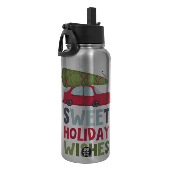 Sweet holiday wishes, Metal mug thermo Silver with Straw and Spout Lid (Stainless steel), double wall, 950ml