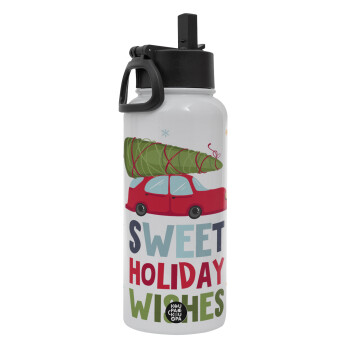 Sweet holiday wishes, Metal mug thermo White with Straw and Spout Lid (Stainless steel), double wall, 950ml