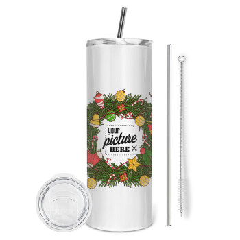 PHOTO Christmas twitch, Eco friendly ποτήρι θερμό (tumbler) από ανοξείδωτο ατσάλι 600ml, με μεταλλικό καλαμάκι & βούρτσα καθαρισμού