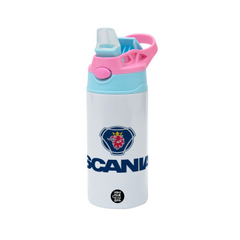 Scania, Children's hot water bottle, stainless steel, with safety straw, Pink/BlueCiel (360ml) BPA FREE