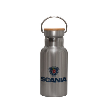 Scania, Stainless steel metallic thermos flask, silver with a bamboo lid, double-walled, 350ml.