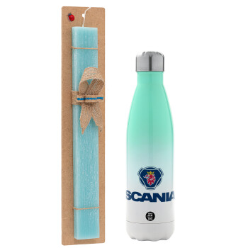 Scania, Easter Set, Metallic green/white thermos (Stainless steel), double-walled, 500ml & scented flat Easter candle (30cm) (TURQUOISE)