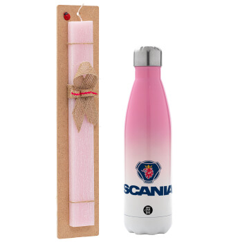 Scania, Easter Set, Metallic pink/white (Stainless steel) thermos, double-walled, 500ml & aromatic flat Easter candle (30cm) (PINK)