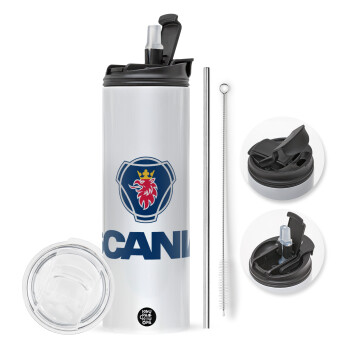 Scania, Travel Tumbler θερμό με διπλό καπάκι, μεταλλικό καλαμάκι και βούρτσα καθαρισμού (Ανωξείδωτο 304 Food grade, BPA free, 600ml)