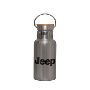 Jeep, Stainless steel metallic thermos flask, silver with a bamboo lid, double-walled, 350ml.