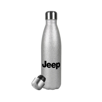 Jeep, Μεταλλικό παγούρι θερμός Glitter Aσημένιο (Stainless steel), διπλού τοιχώματος, 500ml