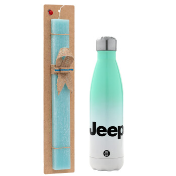 Jeep, Easter Set, Metallic green/white thermos (Stainless steel), double-walled, 500ml & scented flat Easter candle (30cm) (TURQUOISE)