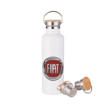 FIAT, Μεταλλικό παγούρι θερμός (Stainless steel) Λευκό με ξύλινο καπακι (bamboo), διπλού τοιχώματος, 750ml