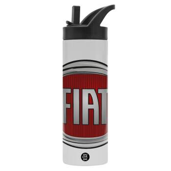 FIAT, Μεταλλικό παγούρι θερμός με καλαμάκι & χειρολαβή, ανοξείδωτο ατσάλι (Stainless steel 304), διπλού τοιχώματος, 600ml
