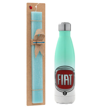 FIAT, Easter Set, Metallic green/white thermos (Stainless steel), double-walled, 500ml & scented flat Easter candle (30cm) (TURQUOISE)