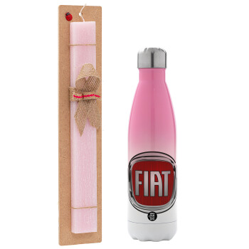 FIAT, Easter Set, Metallic pink/white (Stainless steel) thermos, double-walled, 500ml & aromatic flat Easter candle (30cm) (PINK)