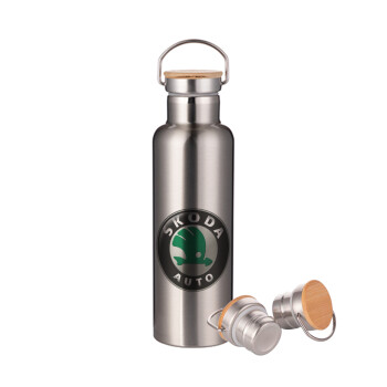 SKODA, Stainless steel Silver with wooden lid (bamboo), double wall, 750ml