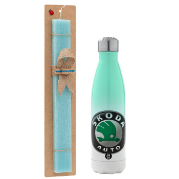 SKODA, Easter Set, Metallic green/white thermos (Stainless steel), double-walled, 500ml & scented flat Easter candle (30cm) (TURQUOISE)