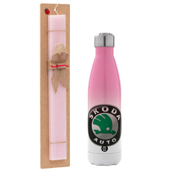 SKODA, Easter Set, Metallic pink/white (Stainless steel) thermos, double-walled, 500ml & aromatic flat Easter candle (30cm) (PINK)