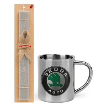 SKODA, Easter Set, metallic thermal cup (300ml) & Easter aromatic flat candle (30cm) (GRAY)