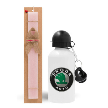 SKODA, Easter Set, metallic aluminum bottle (500ml) & aromatic flat Easter candle (30cm) (PINK)