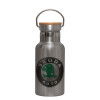 Stainless steel metallic thermos flask, silver with a bamboo lid, double-walled, 350ml.