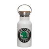 Metallic thermos (Stainless steel) White with wooden lid (bamboo), double-walled, 350ml