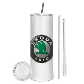 SKODA, Eco friendly ποτήρι θερμό (tumbler) από ανοξείδωτο ατσάλι 600ml, με μεταλλικό καλαμάκι & βούρτσα καθαρισμού