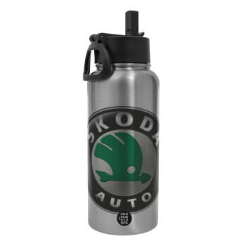 SKODA, Metal mug thermo Silver with Straw and Spout Lid (Stainless steel), double wall, 950ml