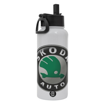 SKODA, Metal mug thermo White with Straw and Spout Lid (Stainless steel), double wall, 950ml