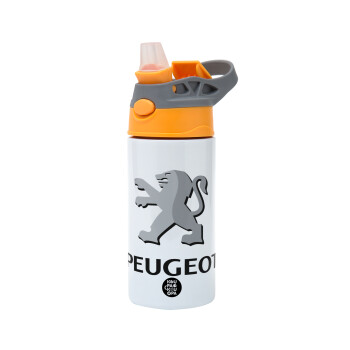 Peugeot, Children's hot water bottle, stainless steel, with safety straw, Orange/Grey (360ml) BPA-FREE