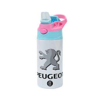 Peugeot, Children's hot water bottle, stainless steel, with safety straw, Pink/BlueCiel (360ml) BPA FREE