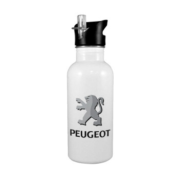 Peugeot, White water bottle with straw, stainless steel 600ml