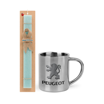 Peugeot, Easter Set, metallic thermal cup (300ml) & aromatic flat Easter candle (30cm) (TURQUOISE)