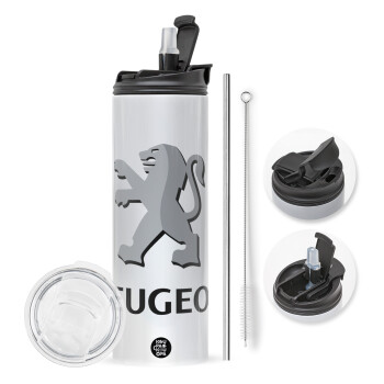 Peugeot, Travel Tumbler θερμό με διπλό καπάκι, μεταλλικό καλαμάκι και βούρτσα καθαρισμού (Ανωξείδωτο 304 Food grade, BPA free, 600ml)