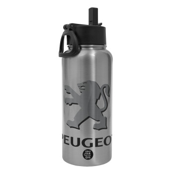 Peugeot, Metal mug thermo Silver with Straw and Spout Lid (Stainless steel), double wall, 950ml